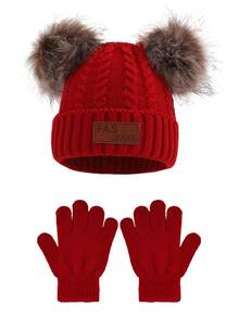 1 Stück gestrickter Hut + Handschuhe Set, Pompons Beanie und vollfingerige gestrickte Handschuhe, einfarbige warme Winter Mützen und Handschuhe für Jungen und Mädchen, vielseitige neue Version - 1PC - Übersicht 6