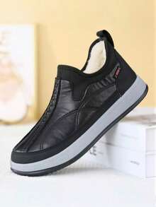 Men's Winter Slip-On Casual Sports Shoes, Patchwork Leather Upper, Plush Lining For Warmth And Comfort, Flat Rubber Outsole For Comfort And Durability, Running Shoes In Plus Size, Suitable For Daily Wear, Commuting, Outings, Shopping, Home, Office, And Gifting In Winter Season