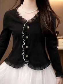 Sexy European & American Stylish Party Oblique Shoulder Fitted Graphic Design Blouse For Women Spring Black - Black - View 2