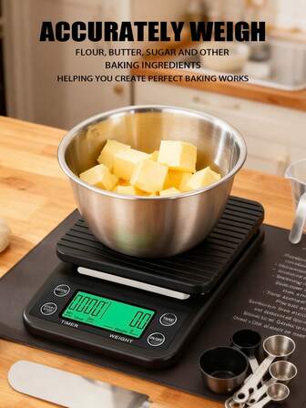  3 kg högkapacitets elektronisk köksvåg med hög precision och 0,1 g LED-display, lämplig för kök, café och olika scenarier, med enhetsomvandling, timer och tarafunktion, batteridriven (batterier ingår ej)