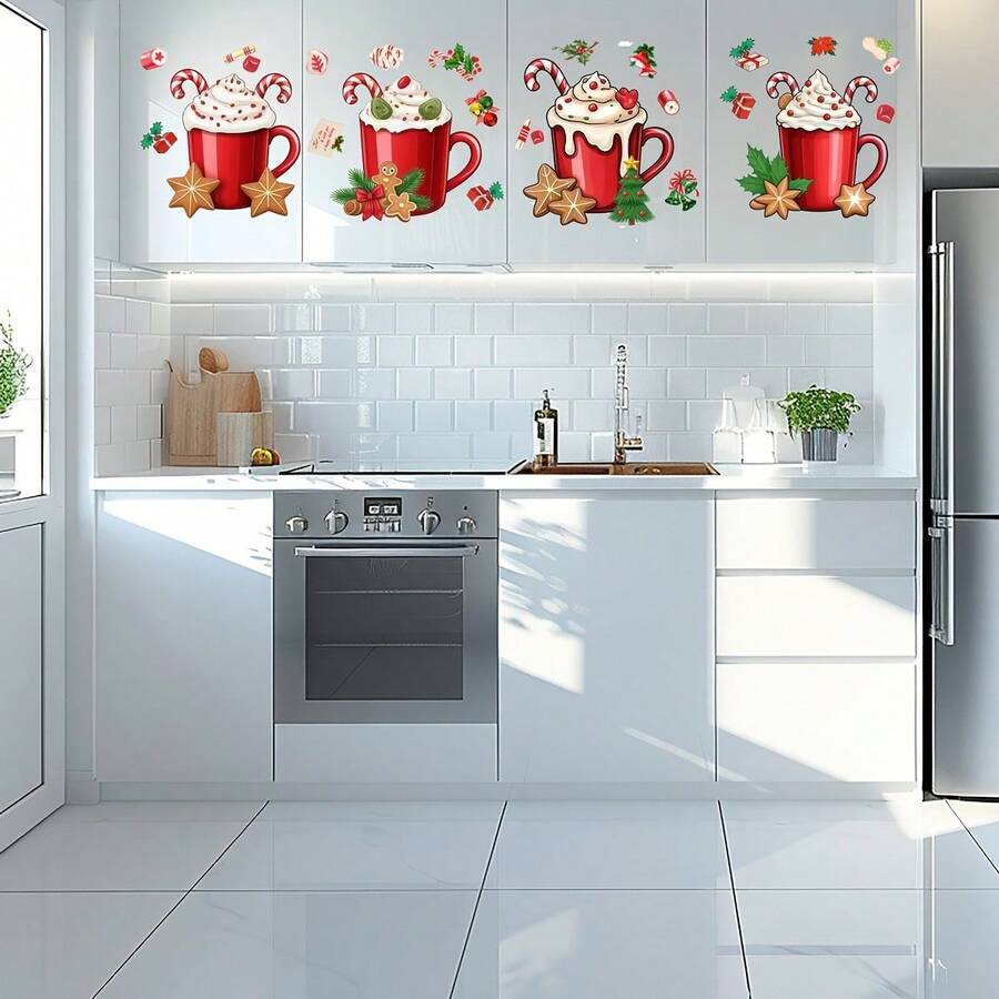 Autocollants de placard à tasse crème de Noël, cannes de bonbon, bonshommes en pain d'épices, sapins de Noël, houx, autocollants muraux PVC amovibles et réutilisables à double face créatifs pour embellir et décorer les portes du salon et de la salle à manger - Multicolore - Voir 1