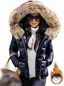 Fashionable Glossy Faux Fur Collar Hooded Padded Coat, Zip-Up Padded Coat - Dark Blue - View 4