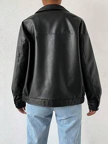 Drop Shoulder Zip Up PU Cropped Leather Jacket In Fall/Winter Jackets For Women - Black - View 2