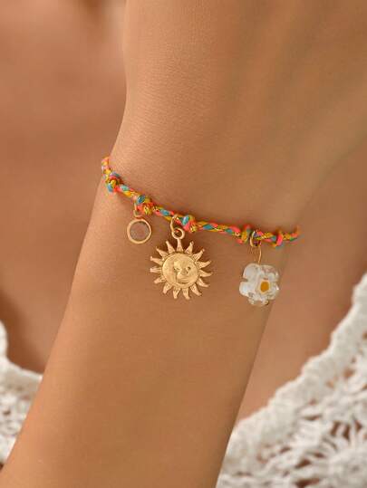 1pc Boho Style Minimalist Versatile Dopamine Flower Rhinestone Pendant Braided Rope Bracelet, Suitable For Women Everyday & Vacation Wear - Great Gift