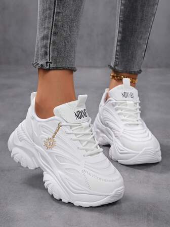 女士运动前厚底运动鞋，拼色圆头皮革系带鞋，女士轻便透气运动鞋，女鞋防滑耐磨户外运动网球鞋厚底女鞋，舒适休闲女鞋