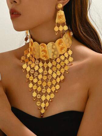 3pcs/Set Luxury Floral Tassel Long Necklace & Earrings Jewelry Set, Suitable For Women's Exaggerated Wedding Party