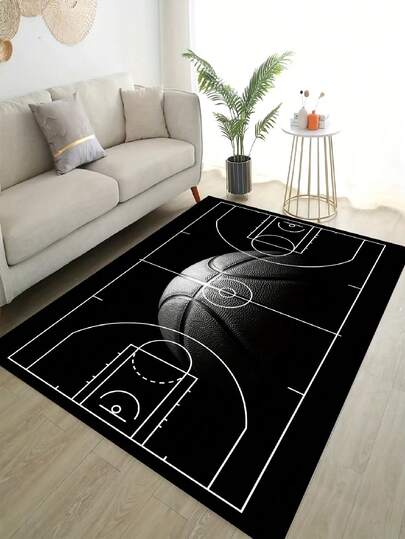 1块篮球场图案地毯，适用于男孩房间，客厅装饰，天鹅绒地毯，亲肤柔软，家居装饰地毯，可水洗地毯