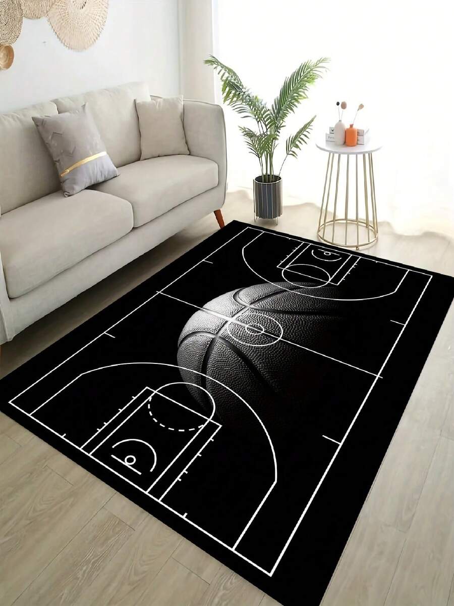 1pc Basketball Court Pattern Carpet, Suitable For Boys' Room, Living Room Decor, Velvet Carpet, Skin-Friendly Soft, Home Decor Carpet, Washable Carpet - Black - View 1