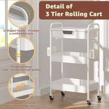 Carrito Rodante de 3 Niveles con Cajón, Estructura Metálica con Ruedas y Tablero, Organizador de Almacenamiento Multiusos para Sala de Estar, Oficina y Recámara, Color Negro - Blanco - Ver 11