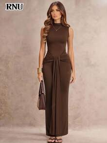 RNU Brown Coffee Color Women's Simple High Neck Stretch Base Slim Women Casual Club Business Casual Concert Outfit Office Outfits Old Money Style Hot Solid Color Ribbed Knitted Fabric High Elastic Ultra Soft Comfortable Skin-Friendly Bodycon Slim Fit Casual Daily Sexy Party Street Vacation Travel Date Spring/Summer/Autumn/Winter Sleeveless Waist Strap New Long Dress