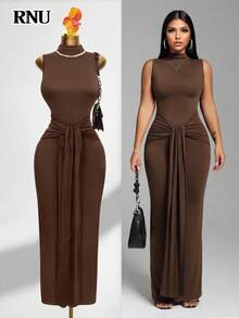RNU Brown Coffee Color Women's Simple High Neck Stretch Base Slim Women Casual Club Business Casual Concert Outfit Office Outfits Old Money Style Hot Solid Color Ribbed Knitted Fabric High Elastic Ultra Soft Comfortable Skin-Friendly Bodycon Slim Fit Casual Daily Sexy Party Street Vacation Travel Date Spring/Summer/Autumn/Winter Sleeveless Waist Strap New Long Dress