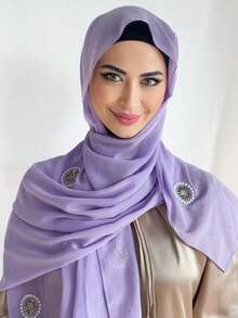 1 pièce Hijab en mousseline de soie musulman luxueux décoré de perles et de strass (couleur des strass aléatoire)