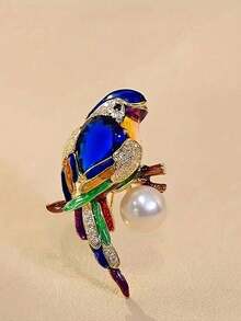 Fashionable Parrot Brooch With Faux Pearl And Rhinestone - Luxury Animal Badge For Women, Suitable For Daily Outfit Or Party Wear Funny Goose Brooch - "Today I'm A Serious Goose" With Briefcase And Tie - Zinc Alloy Quirky Office Goose Accessory - Humorous Desktop Decor, Birthday Or Promotion Gift For Goose Lovers Novelty Goose Pin Suitable For Jackets, Backpacks, Hats - Unique Goose Costume Party Decoration - Blue - View 5