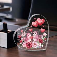 زينة أكريليك قلب بشكل فلامنغو مسطح 2D - بتصميم وردة وبالونات زهرية، مناسب لعيد الحب، عيد الميلاد، الذكرى السنوية، تركيب بدون بطاريات، زينة كلاسيكية بشكل فلامنغو للمكتب المسطح 2D