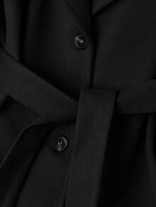 Solid Color Knotted Waist Pocket Casual Overcoat - Black - View 4