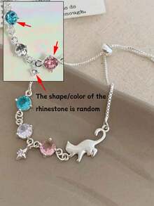 1pc Women's Fashionable Elegant Cute Cat Colorful Rhinestone Chain Bracelet, Suitable For Daily Wear