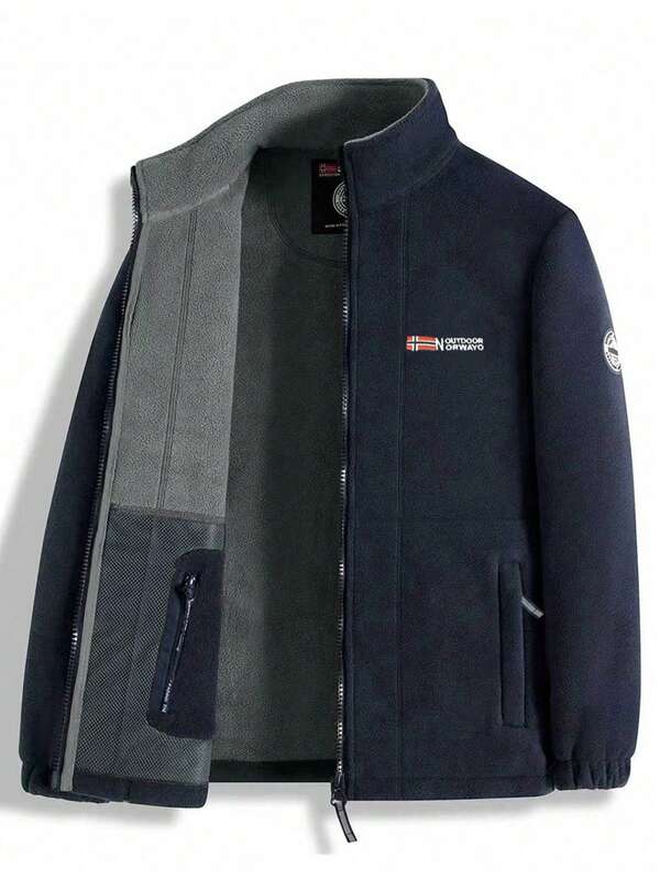 Herren Doppelseitige Fleece-Bekleidung mit warmer Fleece-Fütterung, Mehrfachtaschen-Design, exquisite Stickerei auf der Brust und Armband-Logo, winddichte Bündchen, angenehm zu tragen.