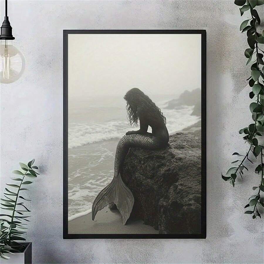1pc Vintage Mermaid Canvas Wall Art - Nautical Beach Cottage Bathroom Decor, Retro Fantasy Art Print With Wooden Frame, Indoor Home Wall Decoration For Living Room, Bedroom, Office, Kitchen, Bathroom, Nautical Theme Decor, Classic Style Decoration, Wall Art Print, Mermaid Wall Art, Nautical Decor, Retro Mermaid, Beach Art, Wall Decor/Ornament, Bedroom Poster - Multicolor - View 1