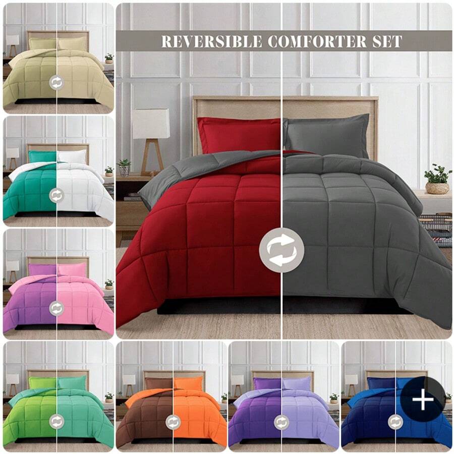 Elegant Comfort All Season Ultra Soft 3pcs Reversible Diamond Stitched Comforter Set, Down Alternative Breathable And Comfortable Quilt Luxury Hotel Quality 3 Piece Full/Queen, King/California King And Twin/Twin XL Size Bed Includes 1 Comforter And 2 Pillowcases Bedding Set, Christmas Decorations Gifts, Cozy Winter Styles, Holiday Décor - 紅/灰 - 查看 1