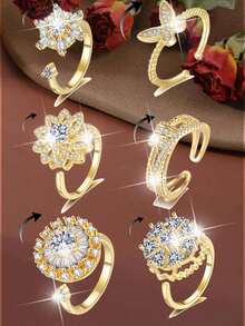 Fidget Anxiety Rings For Women Men Spinner Rings For Anxiety Relieving Stress Open CZ Flower Moon Star Anti Rotatable Rings Adjustable