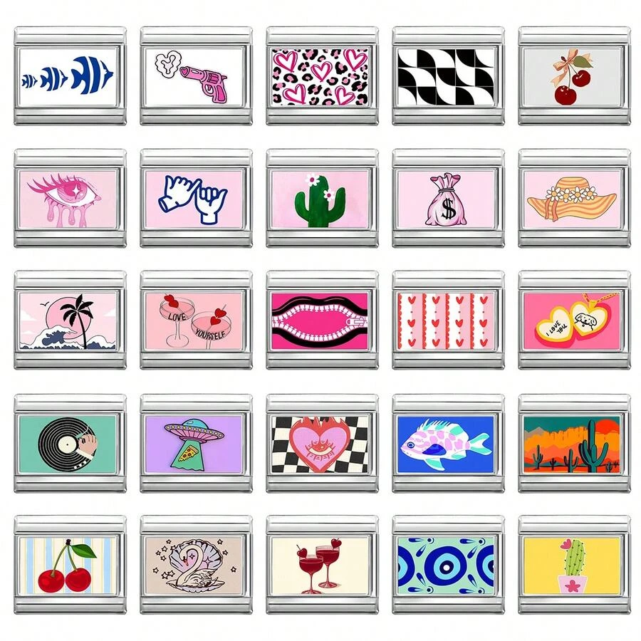 1件DIY照片模块化手链，饰有爱心、花朵、樱花眼元素，适合圣诞节、新年、万圣节、情人节等场合，不锈钢材质，都市休闲风，圣诞节和万圣节必备单品，本地特色，实用时尚，圣诞风格，派对穿搭指南，圣诞礼物，圣诞家居装饰，复古夏季，优雅装扮，万圣节配饰，适合作为送给朋友/情侣的派对礼物。