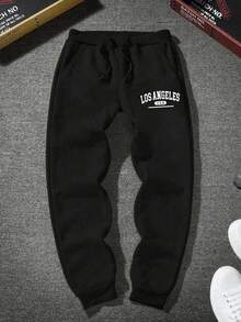 Teen Boys' Slogan Print Drawstring Waist Joggers Pants With Pockets And Cuffed Hem, Fleece Fabric, Rave, Emo, 2000s Style