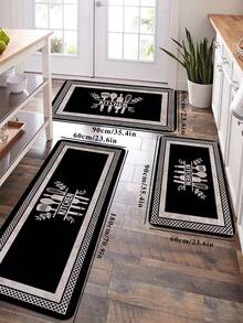 1 pieza Alfombra de cocina con estampado de cuchillo y tenedor en negro, moderna alfombra rectangular de terciopelo de cristal, suave, antideslizante y absorbente, adecuada para sala de estar y uso doméstico - Multicolor - Ver 3
