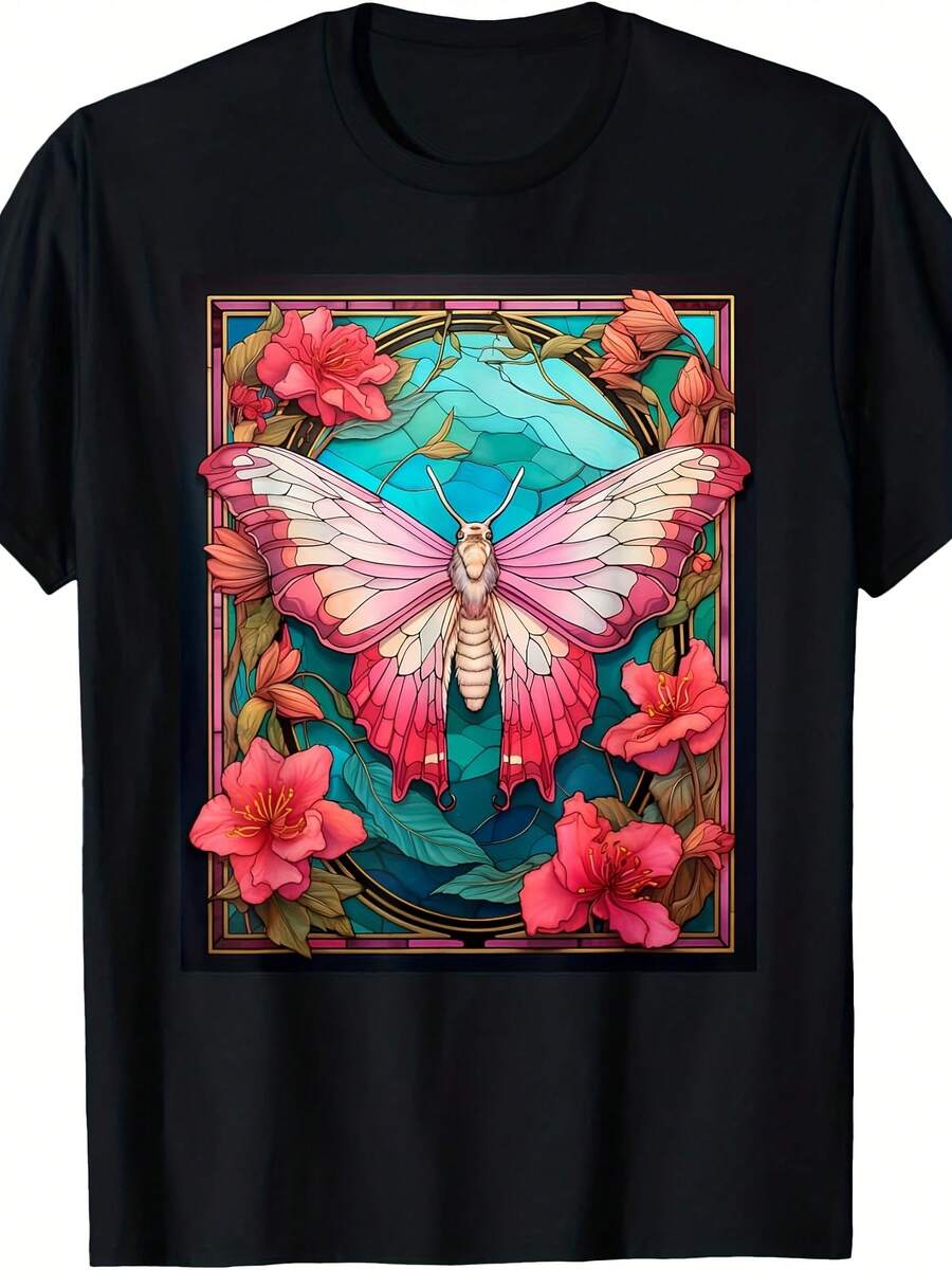 Stained Glass Style Rosy Maple Moth T-Shirt - Style 20 - View 1