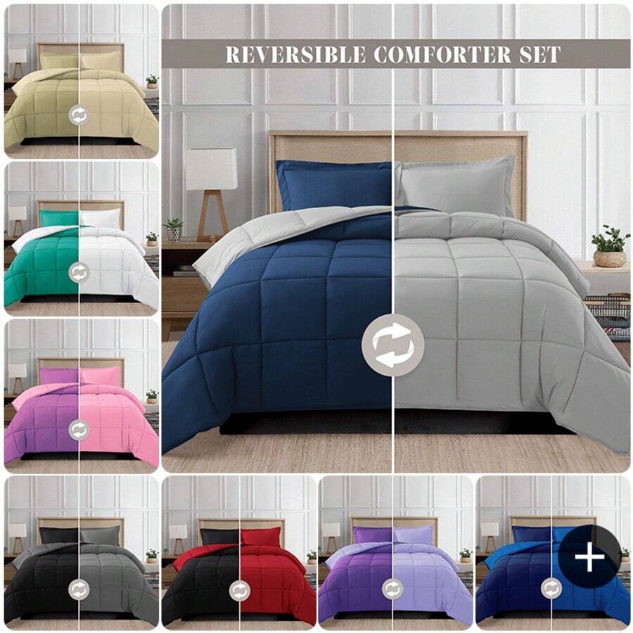 Elegant Comfort All Season Ultra Soft 3pcs Reversible Diamond Stitched Comforter Set, Down Alternative Breathable And Comfortable Quilt Luxury Hotel Quality 3 Piece Full/Queen, King/California King And Twin/Twin XL Size Bed Includes 1 Comforter And 2 Pillowcases Bedding Set, Christmas Decorations Gifts, Cozy Winter Styles, Holiday Décor - 銀色/海軍藍 - 查看 1
