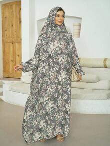 Đầm dài tay in họa tiết có mũ, kiểu dáng thanh lịch, kèm khăn trùm đầu, thích hợp cho nữ mùa xuân. - Xám - Xem 4