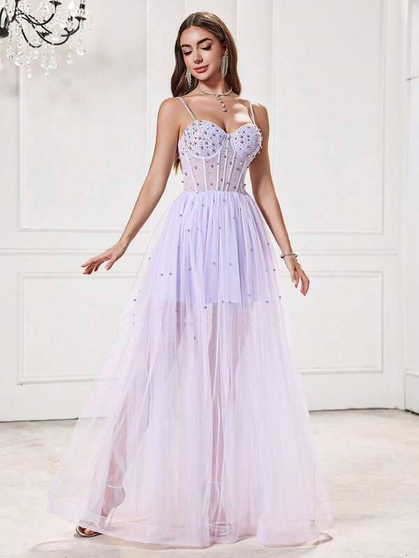 NIKBK Luxury Lace Handmade Pearls Sweetheart Neck Elegant Wedding Guest Puffy Hem Prom Gown Rhinestone Spaghetti Strap Tulle Ball Gown Outfit 4th Of July Outfit