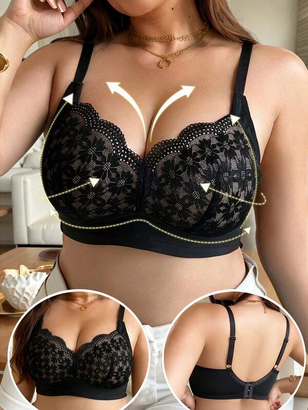 Women's Plus Size Bra: Black Embroidered Lace Design, Adjustable Shoulder Straps With Built-In Padding, Combining Push Up And Support Effects.