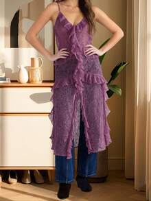 Women Lace Camisole, Sleeveless Tops V-Neck Slit Ruffled Summer Long Sheer Tops Clubwear - Hồng - Xem 3