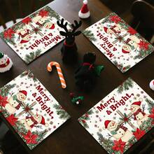 1 set/1 pièce/4 pièces/6 pièces Dessous de plat motif bonhomme de neige et baies de houx, dessous de plat rectangulaires en polyester lavables en machine, protège-table, dessous de plat isolants, décorations de table de restaurant, fournitures de fête, décorations de Noël pouvant tous être offerts en cadeau