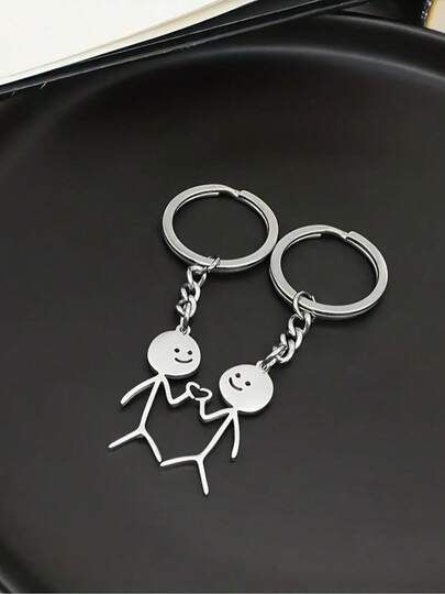 Cute Cartoon Stickman Design Heart Keychain, Fashionable Stainless Steel Keychain For Women & Men,  All-Match Keychain For Birthday Gift