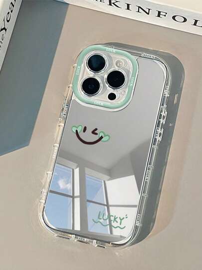 1 件 Cheek 绿色心形笑脸镜面手机壳，创意双层 PC 硬壳带镜头环，厚 1.5 毫米，适用于 16/16 Pro/16 Pro Max/16 Plus/15/14/13/12/11/16E/ 17/17 Pro/AIR/17 Pro Max