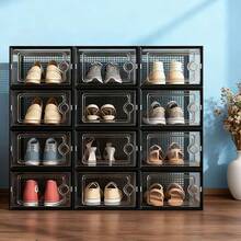 6/12pcs Shoe Boxes, Transparent With Lid, Space Saving Storage Box - Free Combination, Foldable Stackable Shoe Rack, Stackable Transparent Plastic Box For Closet, Shoe Store Display And Corridor, Office, Sports Shoes - 黑色 - 查看 14