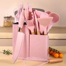 Kitchen Knife Set With Block Pink 19PC Silicone Kitchen Utensil Set And Stainless Steel Knife Set NonStick Sharp Chef Knife And Cooking Utensils Set For Women Family Pink - 粉色 - 查看 4