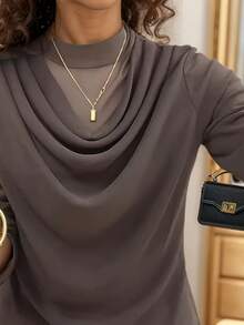 Elegante blusa de manga larga con doble volante de malla suelta, casual y versátil, para otoño/invierno y primavera de vacaciones - Café integral - Ver 4