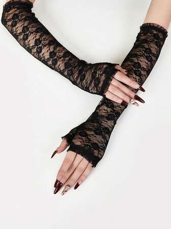 1 Pair Women's Fashion Versatile Floral Lace Trim Ruffle Edge Fingerless Arm Warmers, Suitable For Autumn Weddings, Parties, Valentine's Day, Stage Performances