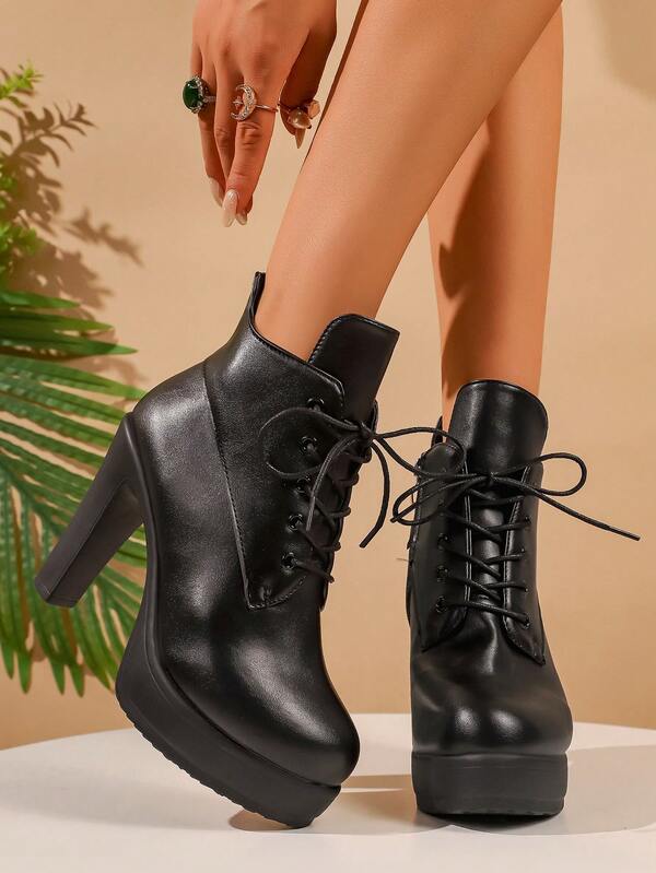 2025 Neue elegante Damen Lässig Komfort Schwarze Dicke Absatz Einfarbig Reißverschluss an der Seite Erhöhte Höhe PU Sohle Schnürung Kurze Stiefel, geeignet für Einkaufen, Urlaub, Pendeln, Weißer Valentinstag Tragen. Damenstiefel/Damen High Heel Stiefel