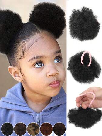2 Pcs Mini Afro Ponytails With Pink Hair Accessories - Curly Puffy Buns For Girls, Black Synthetic Hair Extensions, Great For Birthday Parties, Gifts And Daily Style, Hair Accessories