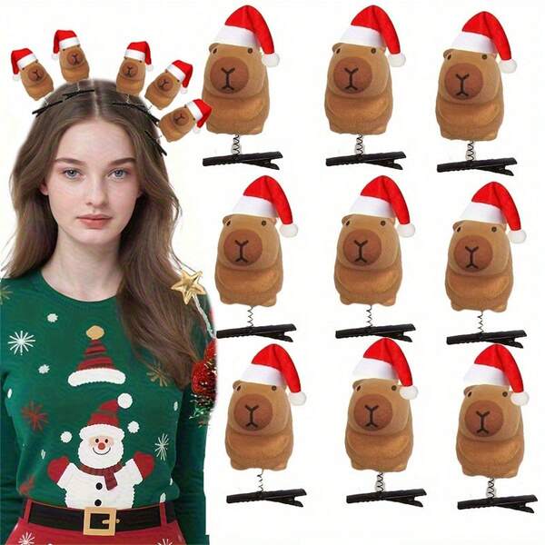 10 süße Capybara Haarclips mit ausdrucksstarken Augen und Ohren - 3D Federkraft Capybara Gesichts-Accessoires, braun und weiß Capybara Design mit Weihnachtsmützen und Herzmuster, hergestellt aus Materialien, perfekt für Weihnachten, Neujahr und Geburtstags-Party Haarschmuck, ein ideales Geschenk für Tierliebhaber. Freunde Weihnachtskostüm