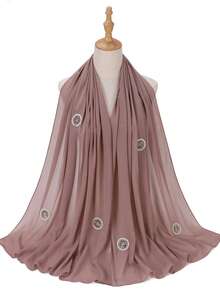 1 pièce Hijab en mousseline de soie musulman luxueux décoré de perles et de strass (couleur des strass aléatoire)