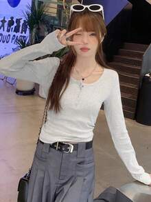 Women's Solid Color Button Front Ribbed Casual Long Sleeve T-Shirt, Spring/Autumn - Grey - View 2