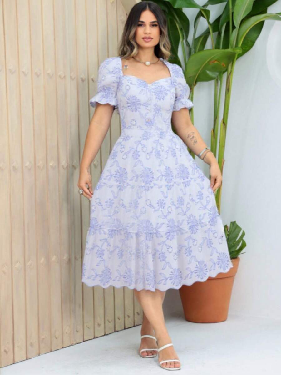 Elegant Midi Dress With Heart-Shaped Lace Embroidery, Flowers, All-Over Print, Ruffle Hem, Knot, Fashion, Daily, Elegant And Casual, All - trắng/xanh - Xem 1
