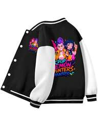 Girls Baseball Jacket Single Piece Witch Squad Print Color Block Varsity Style Fall Winter Sport Coat Casual Fashion