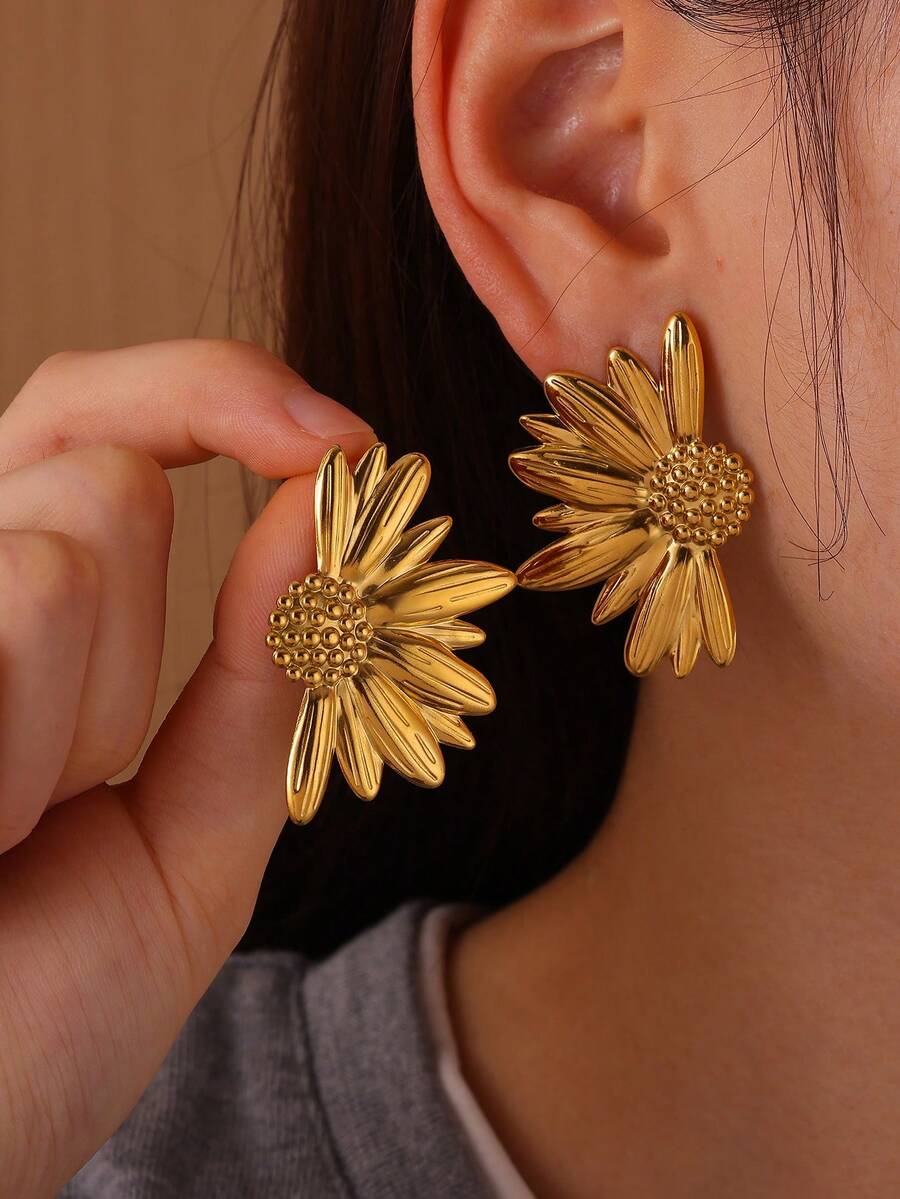 一对复古大向日葵耳钉，金色不锈钢几何耳环，优雅节日珠宝礼物 - 金色 - 查看 1