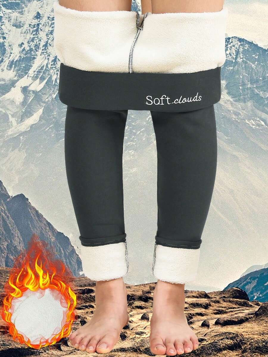 女士刺绣保暖高腰打底裤，户外休闲舒适打底裤，秋冬季 - 深灰色 - 查看 1