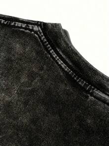 Oversized Vintage Black Cotton Washed English Print Long Sleeve T-Shirt, Loose And Flattering Design - Black - View 5